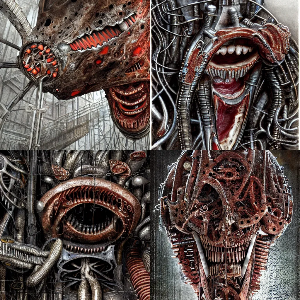 Prompt: a close up of an elongated machine made of teeth and raw meat rust, in a factory, concept art by giger, cgsociety, assemblage, trypophobia, greeble, grotesque, biomechanical open chewing mouth