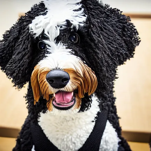 Image similar to a closeup photorealistic photograph of a cute smiling knitted bernedoodle judge dog dressed in a black gown, presiding over the courthouse. indoor image, professional capture, well lit shot. this 4 k hd image is trending on artstation, featured on behance, well - rendered, extra crisp, features intricate detail, epic composition and the style of unreal engine.