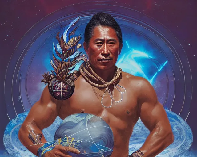 Image similar to duke kahanamoku as a hawaiian warrior surrounded by intergalactic planets connected by streams of multiversal flow, sigma male, gigachad, visually stunning, luxurious, by wlop, james jean, jakub rebelka, tran nguyen, peter mohrbacher, yoann lossel