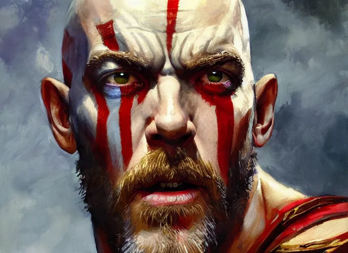 Image similar to a highly detailed beautiful portrait of j. k. simmons as kratos, by gregory manchess, james gurney, james jean