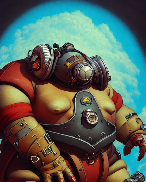 Prompt: roadhog from overwatch, character portrait, portrait, close up, concept art, intricate details, highly detailed, vintage sci - fi poster, retro future, in the style of chris foss, rodger dean, moebius, michael whelan, and gustave dore