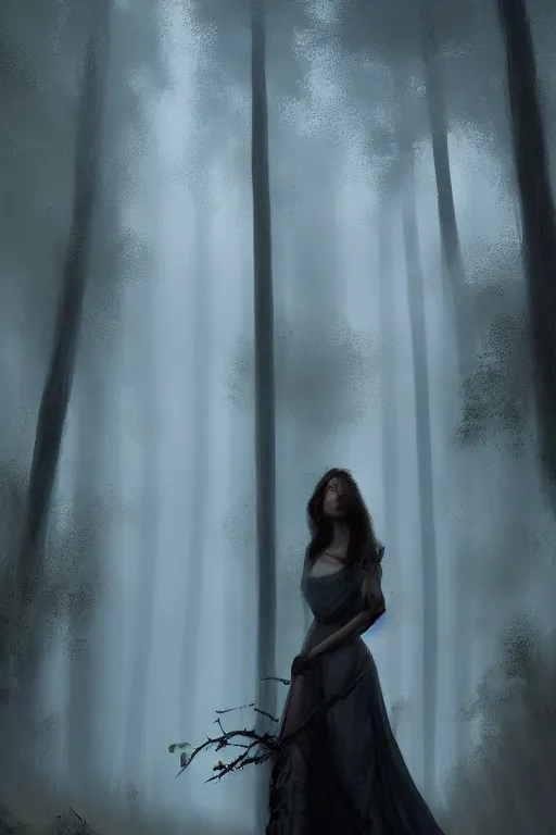 Image similar to a realistic woman with a long dress standing in a moonlit forest, beautiful woman, digital art, by Greg Rutkowski, volumetrics, dark fantasy, 4k, trending on artstation