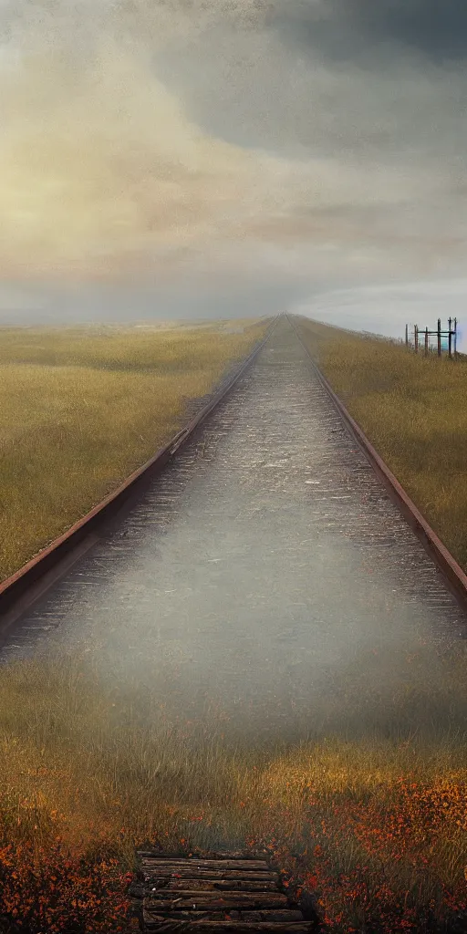 Prompt: rusty old railroad, in the steppe, autumn field, misty background, from the game pathologic 2, highly detailed, sharp focus, matte painting, by isaac levitan and asher brown durand,