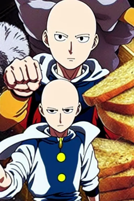 Image similar to baker saitama one punch man, cooking french bread, anime artwork