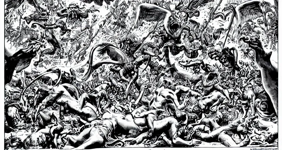 Prompt: the temptation of saint anthony swarmed by grotesque winged demons, fantasy, highly detailed cartoon art art by jack kirby