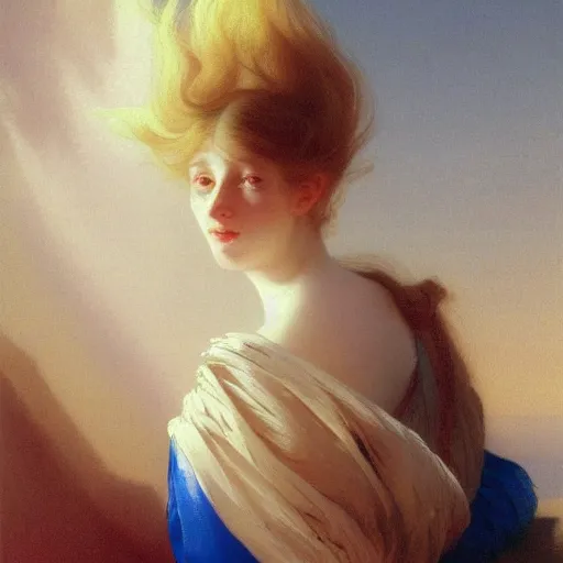 Prompt: a young woman's face, her hair is white and she wears a cobalt blue satin cloak, by ivan aivazovsky and syd mead and moebius and gaston bussiere and roger dean and pieter claesz and paul delaroche and alma tadema and willem claesz and gerard ter borch, hyperrealistic, volumetric light, octane render