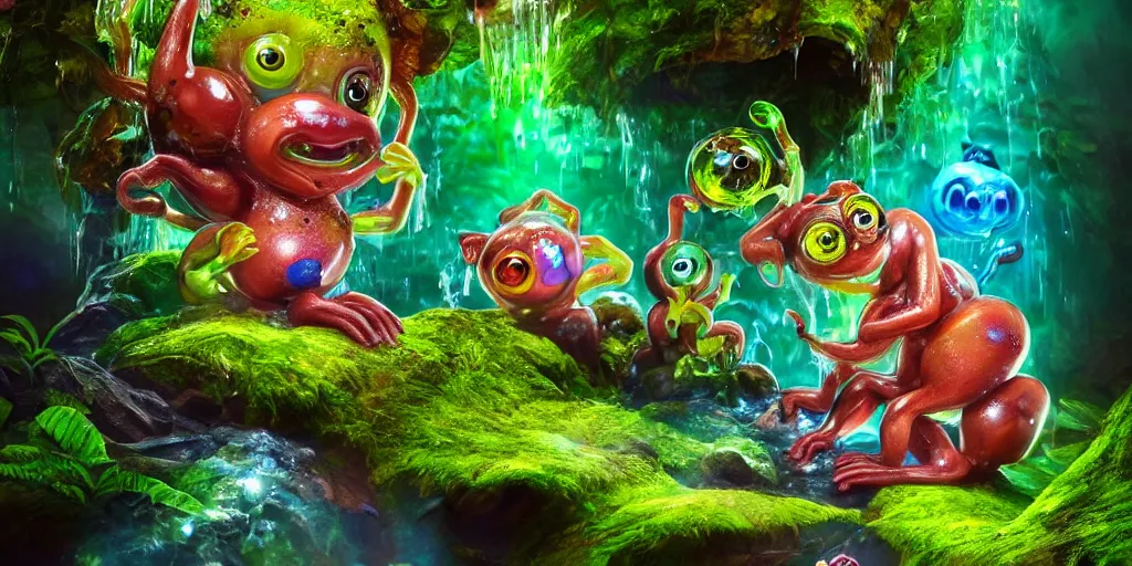 Prompt: of an intricate rainforest crystal rocky lake with strange cute goofy creatures with huge eyes, long tongue, square teeth and weird nose appearing from the water, in the style of jeff koons, macro lens, shallow depth of field, highly detailed, digital painting, trending artstation, concept art, illustration, cinematic lighting, vibrant colors, photorealism, epic, octane render