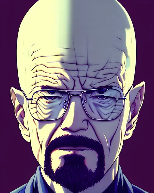 Image similar to portrait Anime man as Walter White. fine-face, pretty face, realistic shaded Perfect face, fine details. Anime. realistic shaded lighting by Ilya Kuvshinov katsuhiro otomo ghost-in-the-shell, magali villeneuve, artgerm, rutkowski, WLOP Jeremy Lipkin and Giuseppe Dangelico Pino and Michael Garmash and Rob Rey in official suit