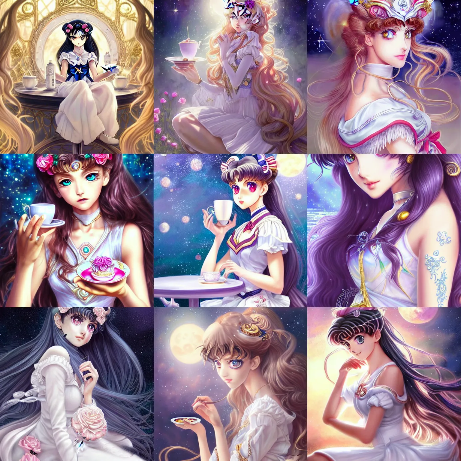 Prompt: beautiful detailed sailor moon aesthetic, beautiful detailed fantasy, beautiful detailed intricate, beautiful detailed elegant, highly detailed, beautiful detailed digital painting, artstation, beautiful detailed concept art, matte, sharp focus, highly detailed illustration, a beautiful girl with long dark hair and bangs, wearing a white dress, sitting alone in a cafe, highly detailed art by Artgerm and Greg Rutkowski and Alphonse Mucha