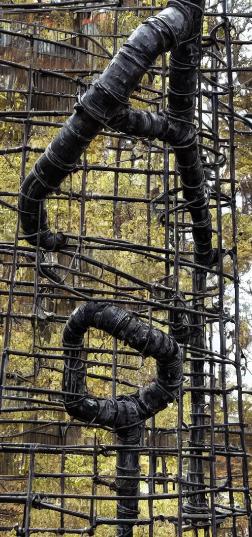 Image similar to black slimy monster with rusty pipes and scaffolding