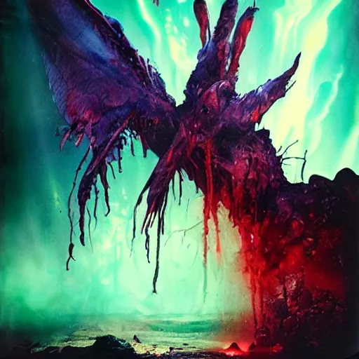 Image similar to a dying devil with tar drip wings standing in the shade of the backlit cosmic light, rich decaying bleeding colors a polaroid picture taken by hollywood and Michael Komarck and Juan Francisco Casas