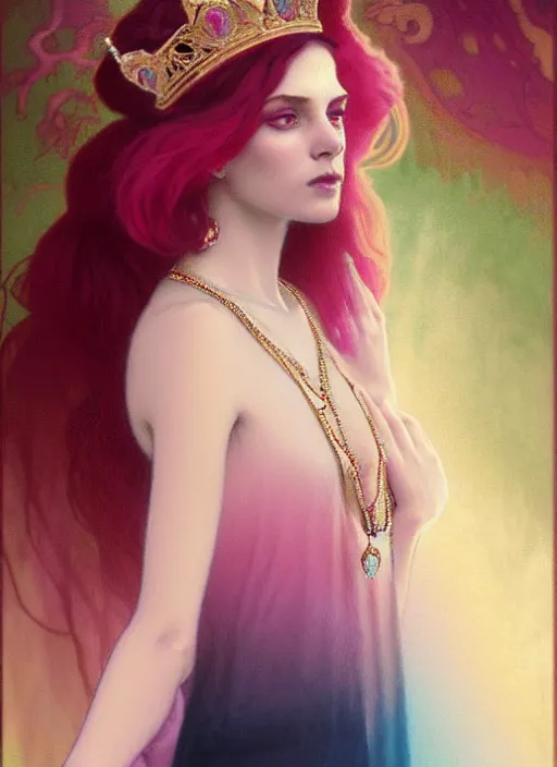 Image similar to ombre velvet gown, lovely queen, portrait, long raven hair, small crown, dozens of jeweled necklaces, feral languid woman, by greg rutkowski, anato finnstark, alphonse mucha, global illumination, radiant light