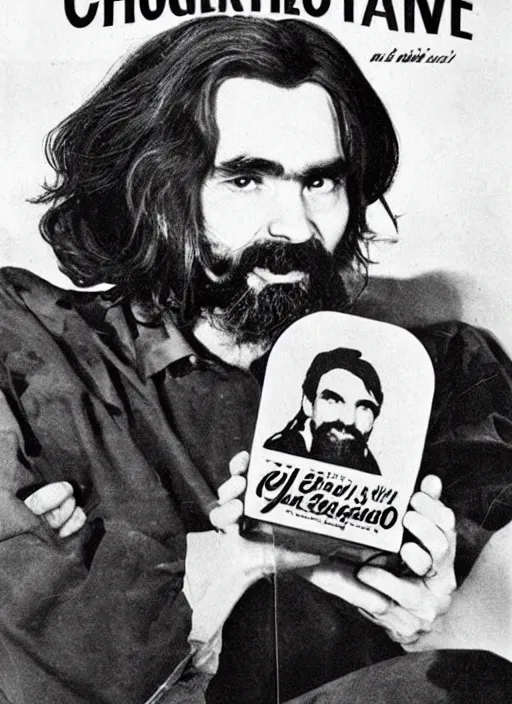 Image similar to vintage jello advertisement depicting charles manson holding a perfection salad