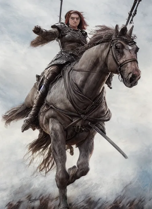 Image similar to angry Maisie Williams leading the charge on horse as a ruggedly muscled handsome heroine, intricate, elegant, highly detailed, centered, digital painting, artstation, concept art, smooth, sharp focus, illustration, artgerm, donato giancola, Joseph Christian Leyendecker, WLOP, Artgerm, thunder storm