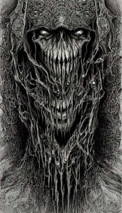 Prompt: Lord of the Rings and Doom themed painting of horrifying malicious symmetrical skull face of Witchking of Angmar, Nazgul mask pattern concept, infinity glyph, intricate artwork by, Johnatan Wayshak, Zdizslaw Beksinski, Ayami Kojima, Amano, Karol Bak, Greg Hildebrandt, and Mark Brooks, Neo-Gothic, gothic, rich deep colors, art by Takato Yamamoto, masterpiece, face by Artgerm, H.R. Giger, very coherent artwork, cinematic, hyper realism, high detail, octane render, unreal engine, 8k, High contrast, golden ratio, trending on cgsociety, ultra high quality model, production quality cinema model