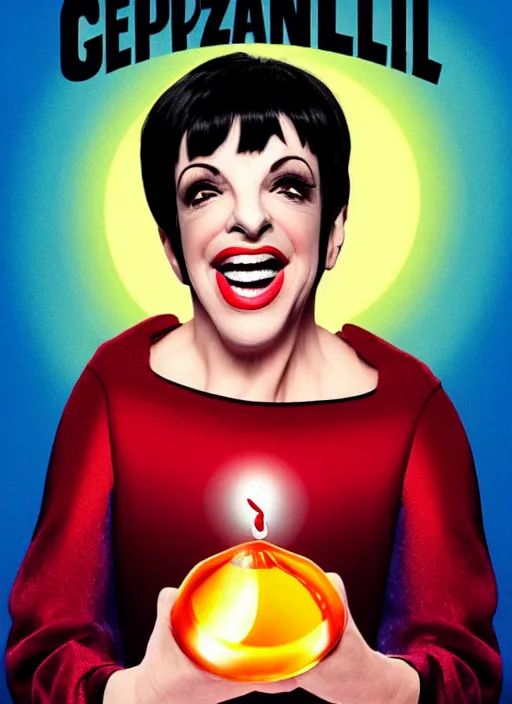 Image similar to highly detailed comedy caper movie poster with laughing liza minnelli face as a sentient jelly, liza minnelli face inside jelly by greg rutkowski