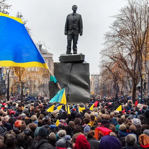 Prompt: a crowd of people with ukrainian flags destroy a statue of vladimir lenin, leica sl 2 5 0 mm, dslr, vivid color, high quality, high textured, real life