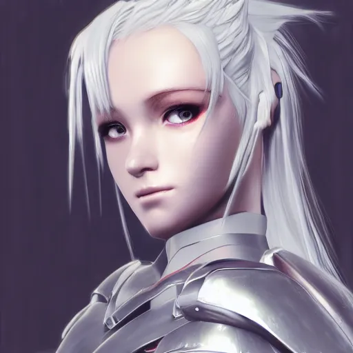 Image similar to Renaissance oil portrait of an anime girl with white hair wearing Elden Ring armour in the style of Yoji Shinkawa, weird camera angle, noisy film grain effect