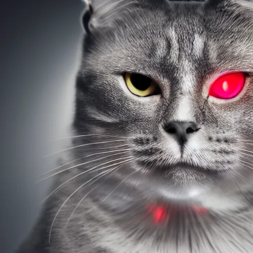 Prompt: metallic cat with red glowing eyes, dramatic lighting, studio photo, 4k, photorealistic, film grain, inspired by the terminator