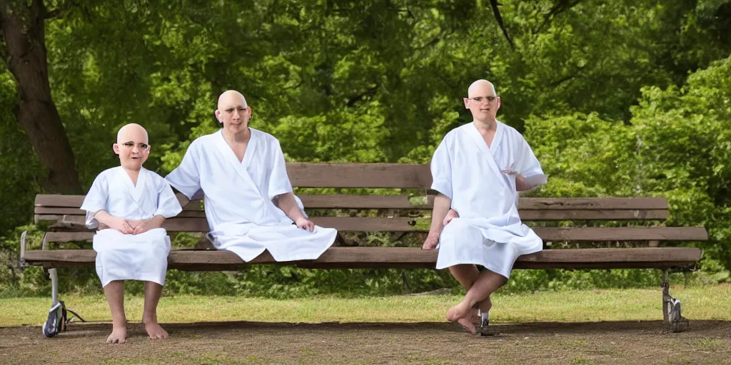 Prompt: A bald old man in a hospital gown and a bald kid sitting on a bench in the park .