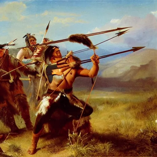 Image similar to native american man shoots arrow at sabertooth!!!!!! tiger on great plains, painting by emanuel leutze and emanuel leutze and emanuel leutze and emanuel leutze and emanuel leutze