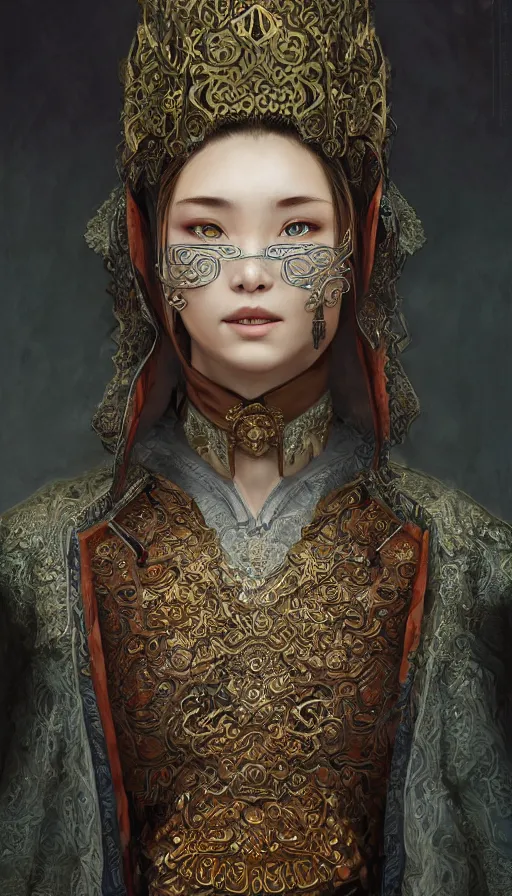 Prompt: hunter shafer, traditional mongolian clothing, fame of thrones, fibonacci, sweat drops, intricate fashion clothing, insane, intricate, highly detailed, surrealistic, digital painting, artstation, concept art, smooth, sharp focus, illustration, unreal engine 5, 8 k, art by artgerm and greg rutkowski and alphonse mucha