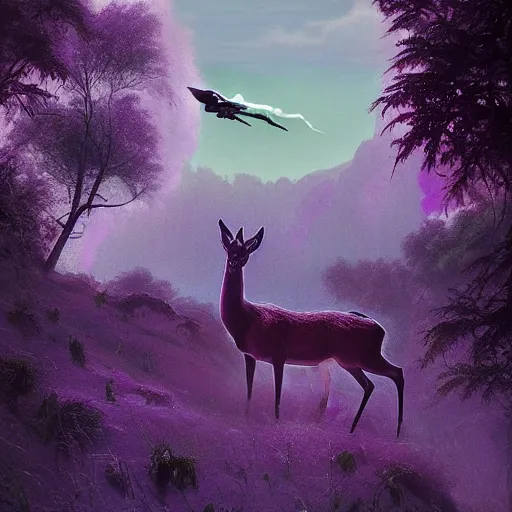 Image similar to a beautiful matte painting of screaming deer and fairy in colorful purple silk by Dean Ellis, award winning, atmospheric, epic and stunning, intricate details, sense of awe, anthropomorphic, featured on artstation