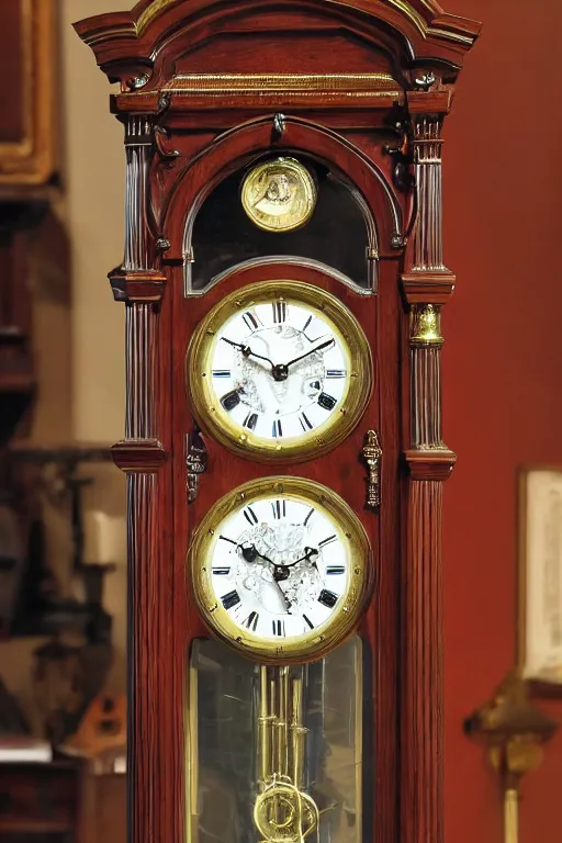 Prompt: an ornate grandfather clock, out of the clock's face time is pouring out