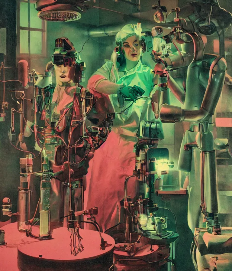 Prompt: a female mad scientist building a humanoid robot man, in a darkly lit laboratory room, 1 9 5 0 s horror film movie poster style, ( norman rockwell oil painting ), medium shot, close - up shot, retro science fiction, vintage, saturated pink and green lighting, shadowy lighting, cohesive