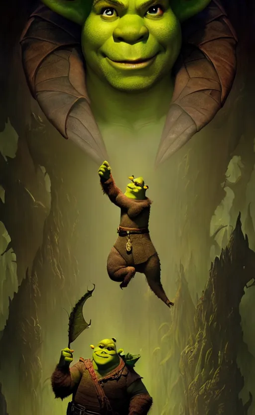 Image similar to shrek dragon gorgeous lighting by weta studio, mucha, bautista and norman rockwell and greg rutkowski and tom bagshaw and james gurney and lucasfilm