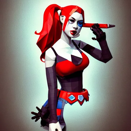 Image similar to digital art, low poly 3d render of Harley Quinn but she's a beautiful young ape-girl with long pony tails on either side of her head, illustration, by James Jean, artgerm, octane render, by John Coltrane and Marc Simonetti, Manic, graffiti, kinemacolor, colorful, high detail of the face, full body