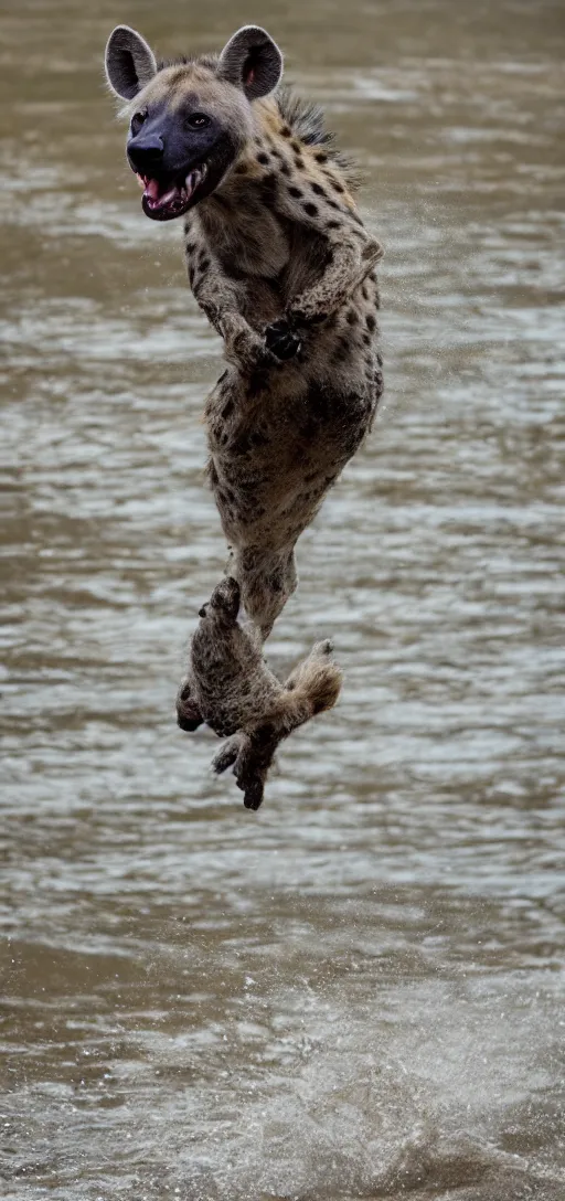 Image similar to a hyena jumping over a river