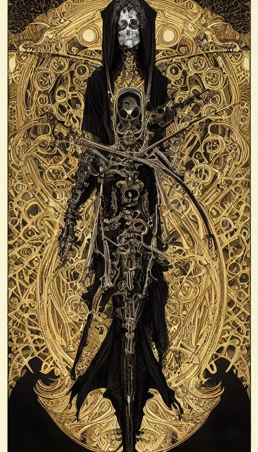 Image similar to a skeleton in a black cloak, highly detailed, very intricate, art nouveau, gold filigree, left right symmetry, tarot concept art watercolor illustration by mandy jurgens and alphonse mucha and alena aenami, featured on artstation