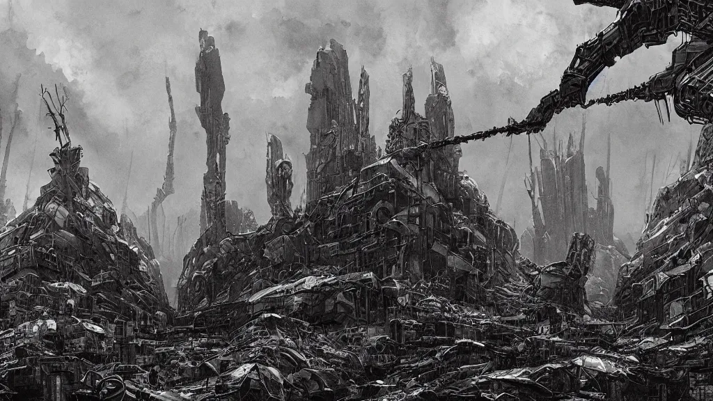 Image similar to group of survivors, post apocalypse remnants of civilization, machines, bleak, eerie atmospheric, by tsutomu nihei, gerald brom and vincent di fate, epic cinematic matte painting