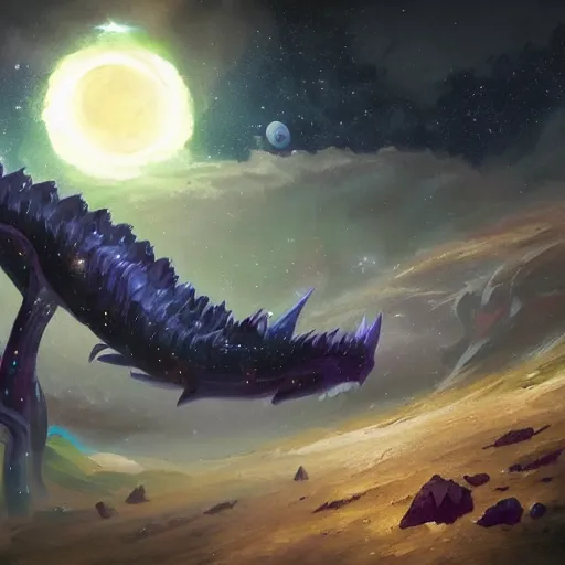 Prompt: oil painting of aurelion sol in the cosmos by greg rutkowski
