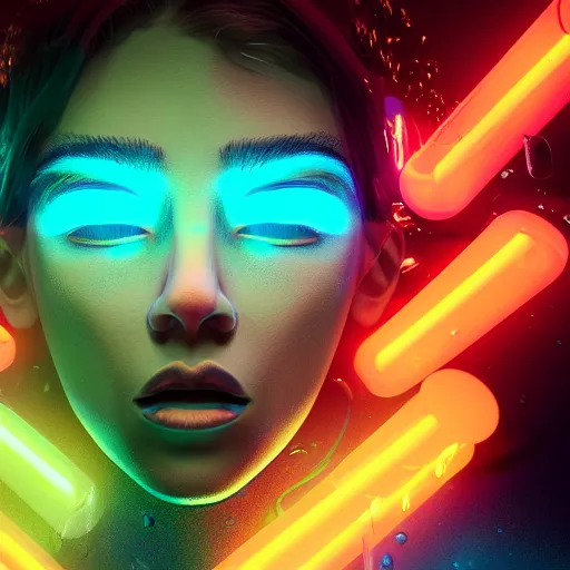 Image similar to cartoon portrait made out of rain, neon, rendered in octane, unreal engine, highly detailed, realistic, beautiful, emotional, trending on artstation