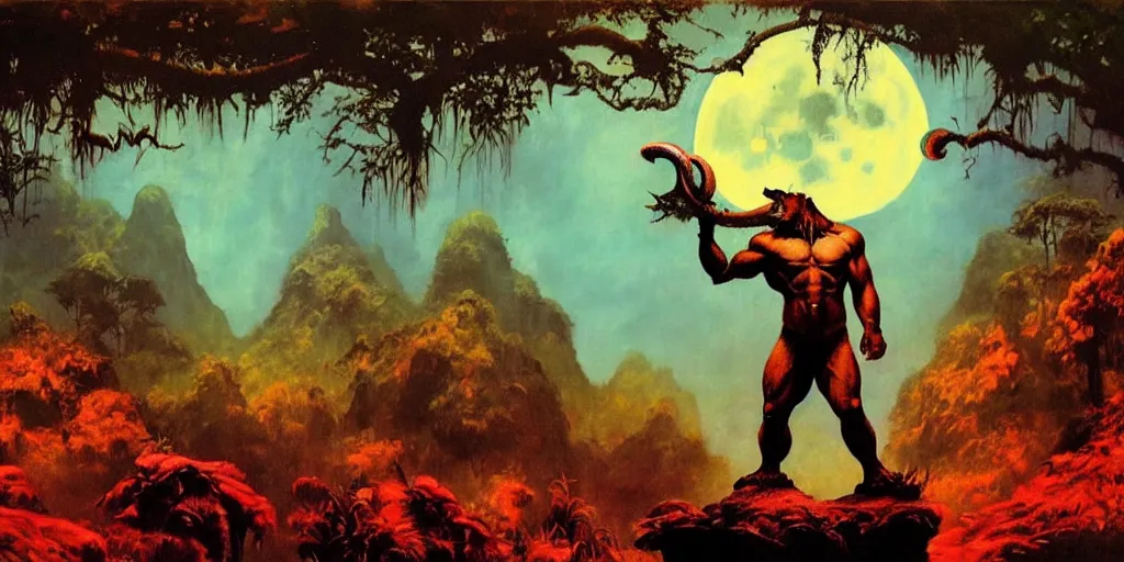 Prompt: frazetta werewolf realistic full body panoramic portrait textured oil painting jungle cyan background with red dramatic sky and giant moon with rain and storm