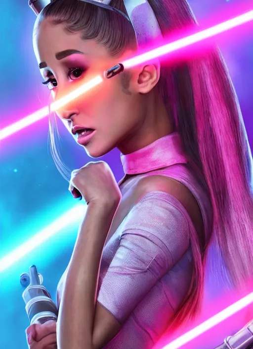 Image similar to An extremely detailed photo of Ariana Grande in the Star Wars universe with two pink lightsabers held in each hand. Maximum detail on artstation, photo realism, vivd details, vivd colour, volumetric lighting