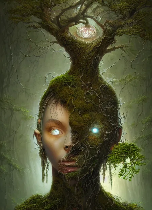 Prompt: Portrait of an Ancient Stone Robot with a tree growing out of her head, patches of moss, translucent leaves, extremly detailed digital painting, in the style of Tomasz Alen Kopera and Fenghua Zhong and Peter Mohrbacher, mystical colors, rim light, beautiful lighting, 8k, stunning scene, raytracing, octane, trending on artstation