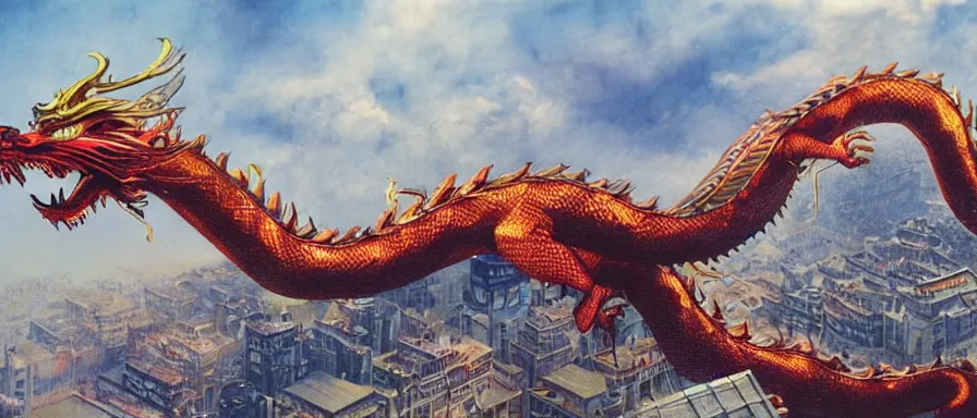 Image similar to one Chinese dragon flying over the city, detailed matte painting, glittering, trending on artstation, art by Alan Lee, cinematic, full of color