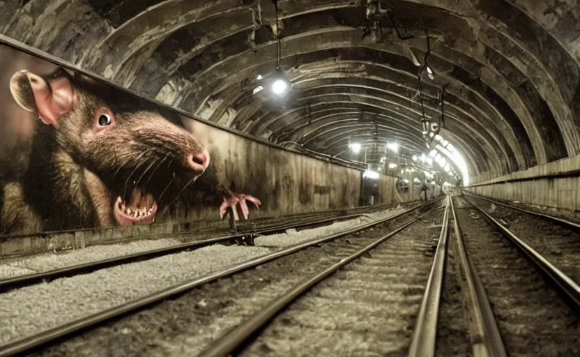 Image similar to very large giant zombie rat on railways in tonnel of moscow metro. extreme high detail. low dark light, scary atmosphere