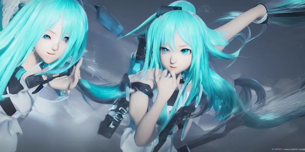 Image similar to hatsune miku, unreal 5, hyperrealistic, realistic, photorealistic, dynamic lighting, highly detailed, cinematic landscape, studio landscape, studio lighting