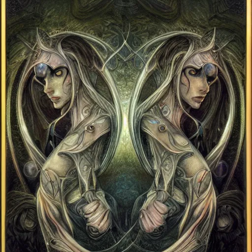 Image similar to detailed and sharp gemini artwork, mystic style, detailed, 8 k, detailed, symmetrical, by brian froud