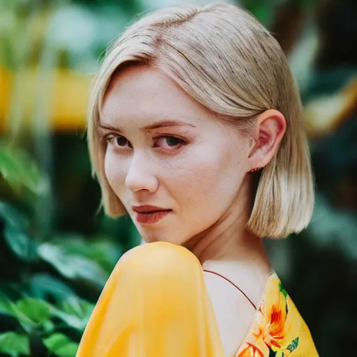 Prompt: head to shoulder portrait photograph of an elegant blond woman wearing a yellow kimono in a tropical greenhouse. looking at the camera!!. super resolution. 85 mm f1.8 lens.bokeh.graflex. Alessio albi