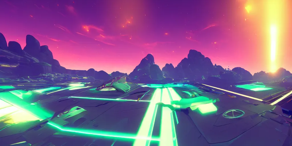 Image similar to screenshot of battlezone, videogame, vector, large mountains visible, axure sky, neon glow, lens flare