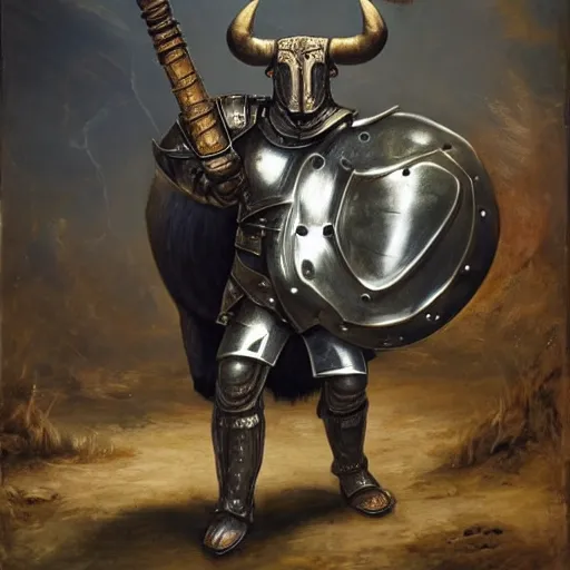 Image similar to a minotaur wearing steel plate armor and holding a mace, human dressed as a bull