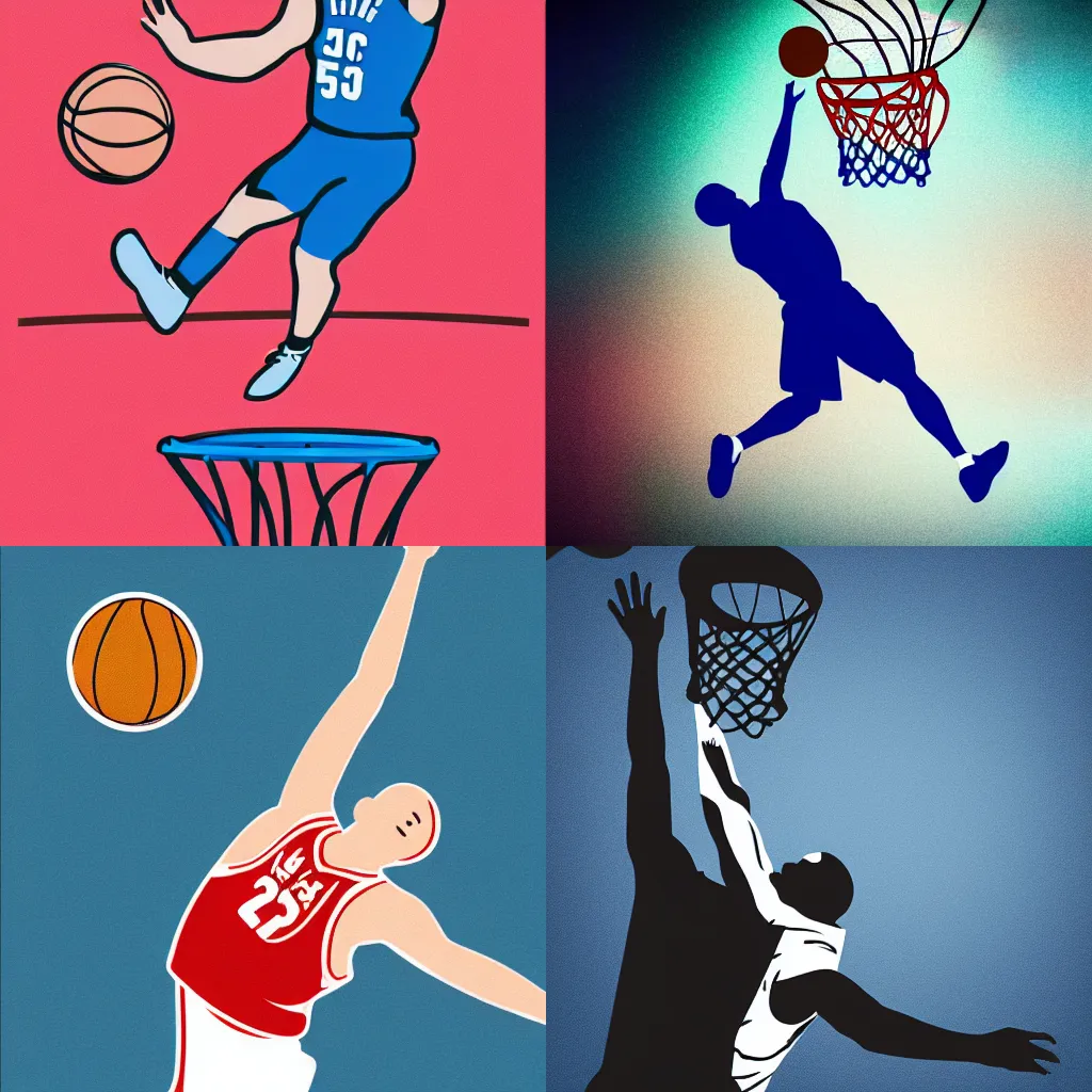 Prompt: a basketball player dunking a basketball in the air, a poster by karl ballmer, dribble contest winner, arabesque, blueprint, rim light, kinetic