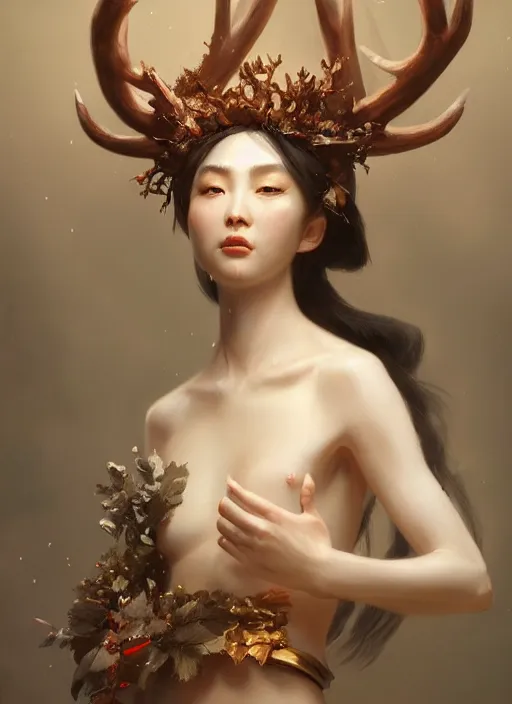 Image similar to Gigantic Deity with white antlers and translucent mushrooms, extremly detailed oil painting, in the style of Fenghua Zhong and Ruan Jia and Jeremy Lipking, rim light, beautiful lighting, mystic, 8k, stunning scene, raytracing, octane, trending on artstation