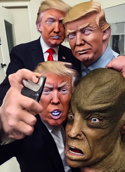 Image similar to gollum and Donald trump making a selfie together