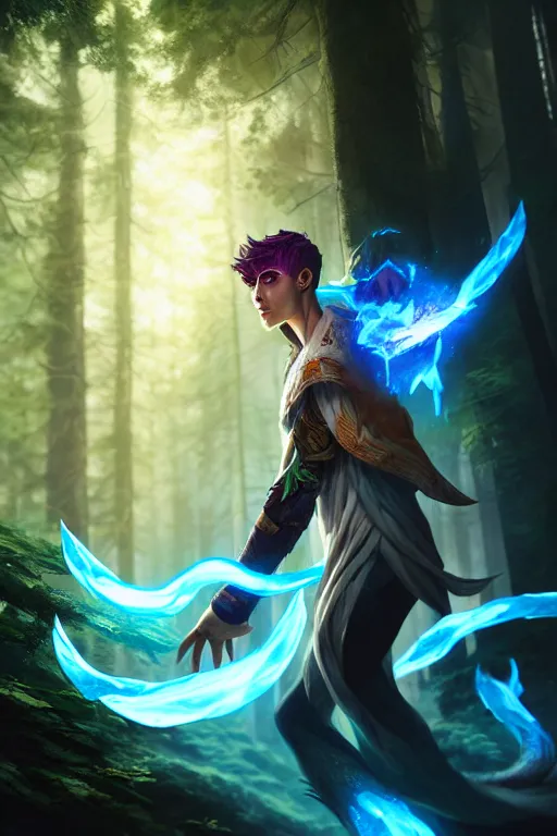 Prompt: a human elemental sorcerer, forest setting, colorful magic, male, white skin, young, sharp focus, concept art, dynamic lighting, unreal engine, by jeff chen